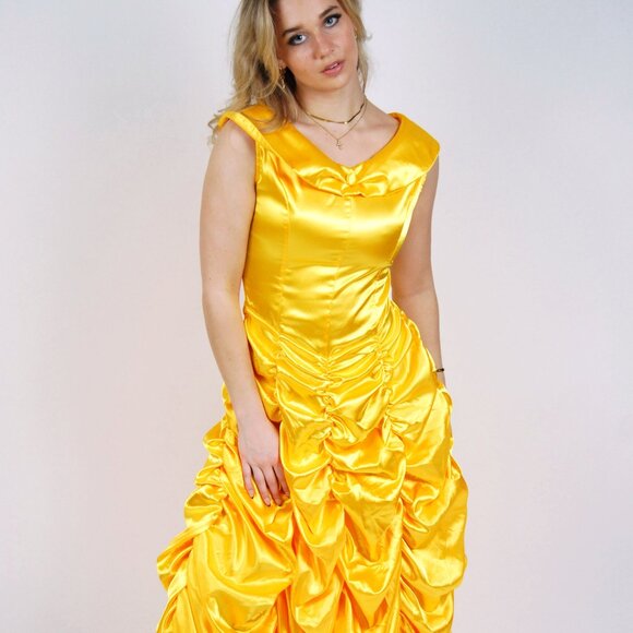 Dresses & Skirts - Vintage Princess Bubble Gown (S) small yellow gathered skirt 90s maxi dress